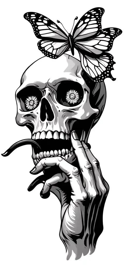 skull with butterfly over eyes and finger at mouth tattoo design idea