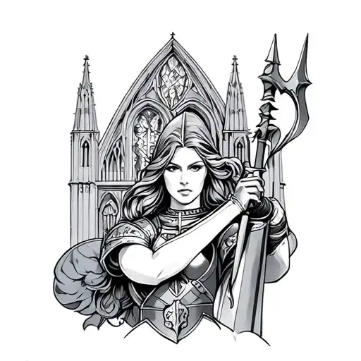 female knight impaled on pike with cathedral as background with stained glass tattoo design idea