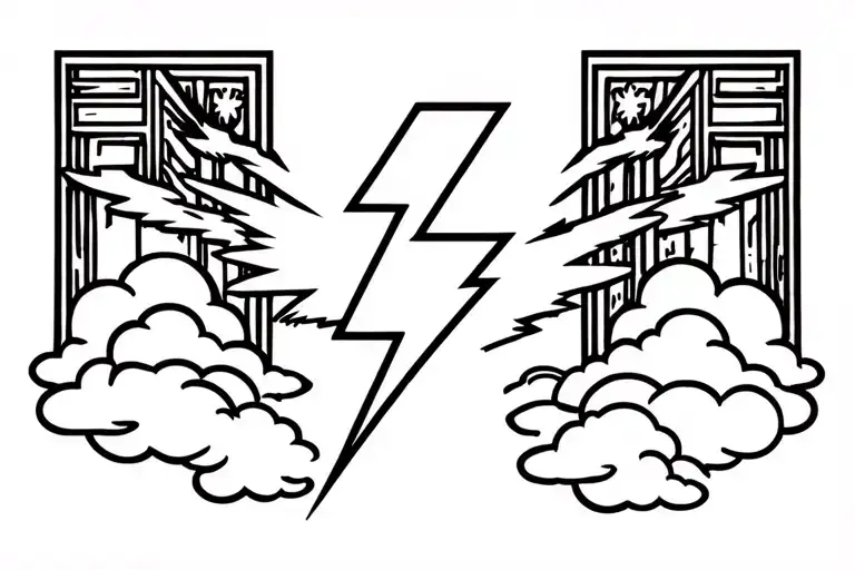 lighting bolt striking with god in it and heaven gates opening with clouds surrounding it. tattoo design idea