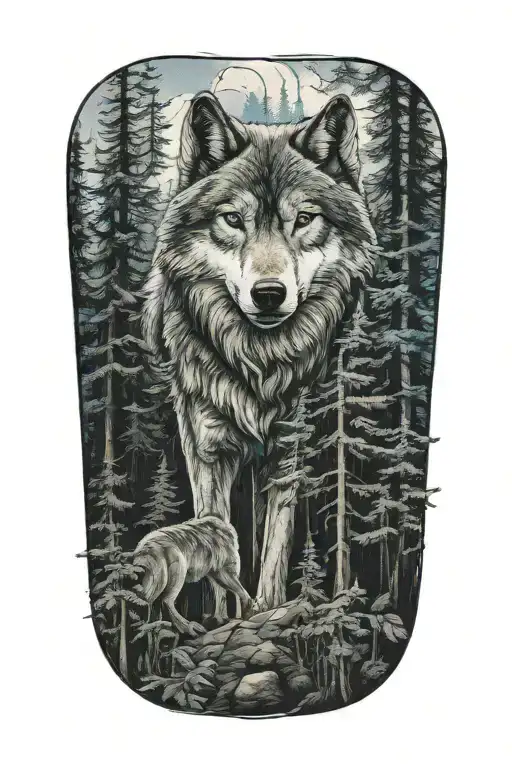 wolf blue eyes howling forest landscape tattoo design idea
