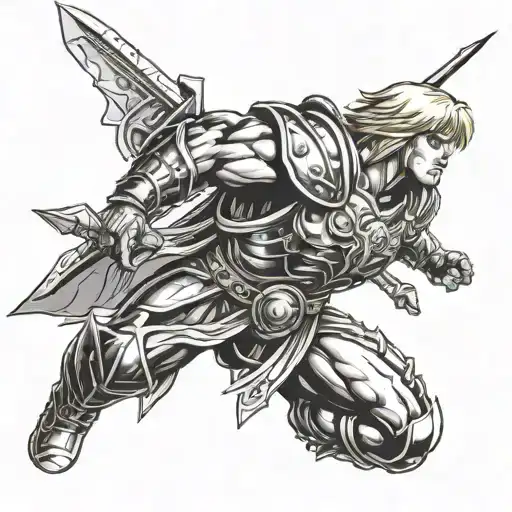 Can you create a tattoo for me from shoulder to wrist, that has the character He-man, knights of the zodiac and canaries? tattoo design idea