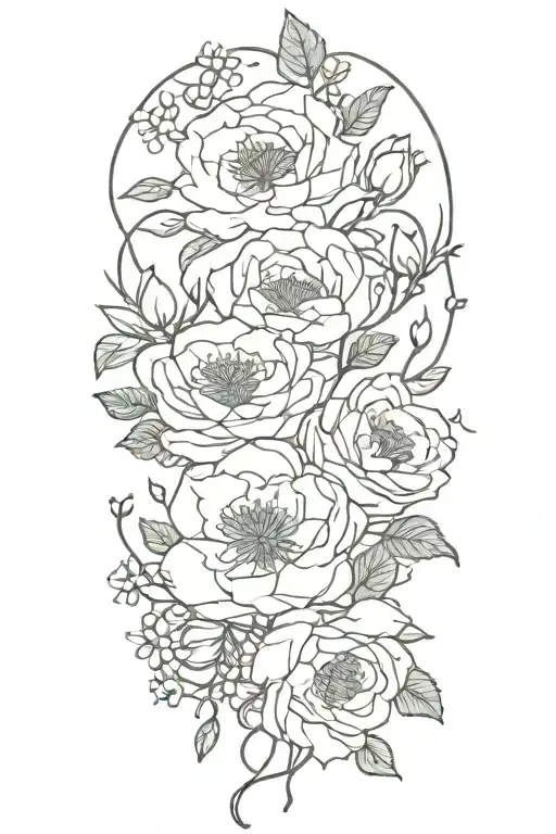 Continuous vine, wrapping, roses, daisies, lotuses, forget me nots, and peonies, simple tattoo design idea
