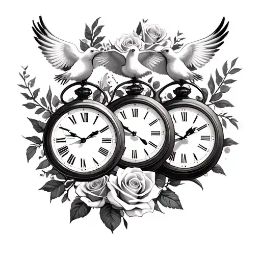 3 birth clocks in a vertical row with roses and doves tattoo design idea