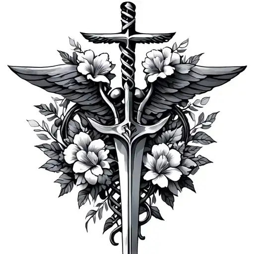 caduceus with DNA and armenian flowers intertwined & cross on top of sword tattoo design idea