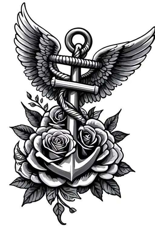 Anchor angel wings roses tattoo design idea