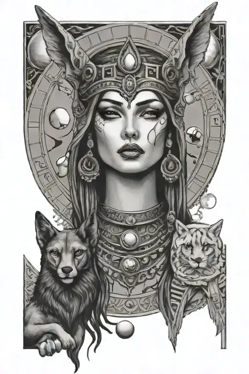 Isis Goddess with Anubis and full moon phases tattoo design idea