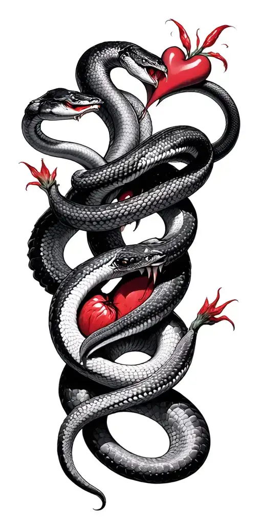 three snakes wrapping and biting a heart tattoo design idea