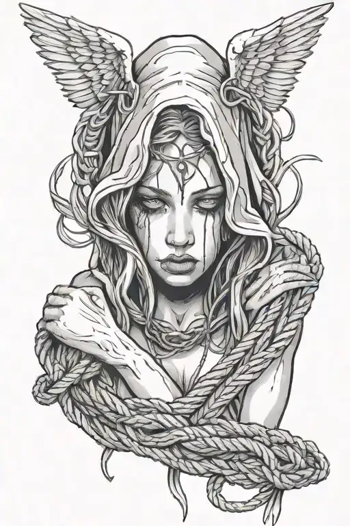 Hooded angel looking down with her arms tied in bondage style in front of her and bondage rope tied around her mouth. An tattoo design idea