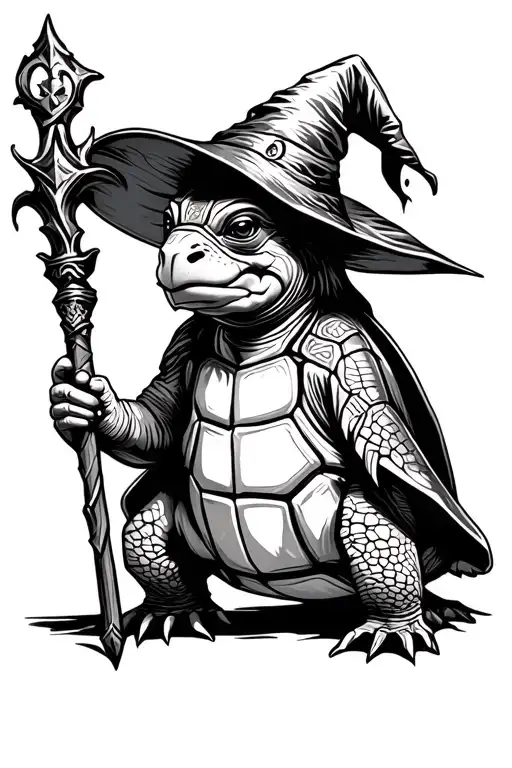 turtle wearing wizard hat and holding a staff tattoo design idea