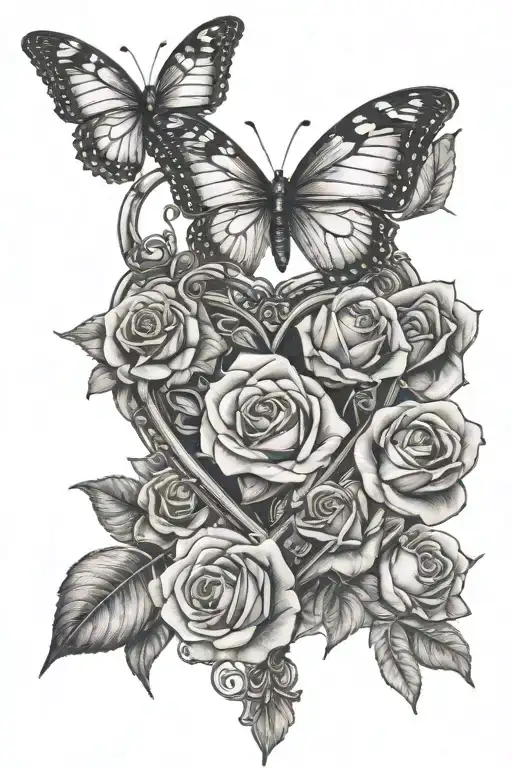 roses and butterflies with heart shaped locket tattoo design idea