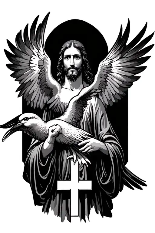 Jesus Christ in middle below him crosses upon him pidgeons tattoo design idea