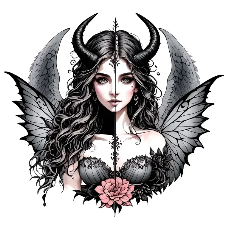 half angel half devil earthy feminine fairy tattoo design idea