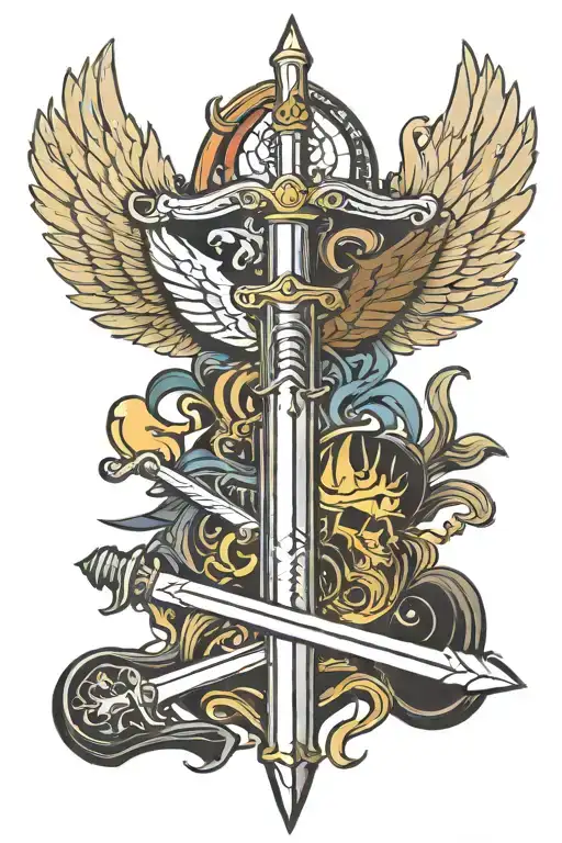 knights and saints swords crossed with wings spread tattoo design idea
