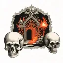 a pathway to the gates of hell with skulls surrounded tattoo design idea