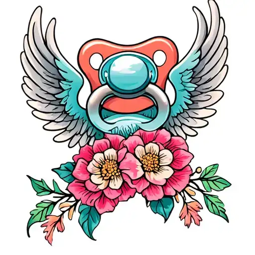 A pacifier with angel wings intertwined with a floral design tattoo design idea