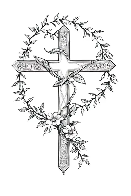 christian cross wrapped in flower vine tattoo design idea