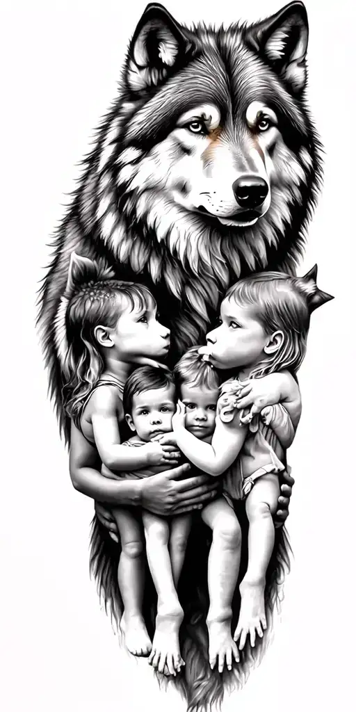 wolf parents holding 4 children playing tattoo design idea