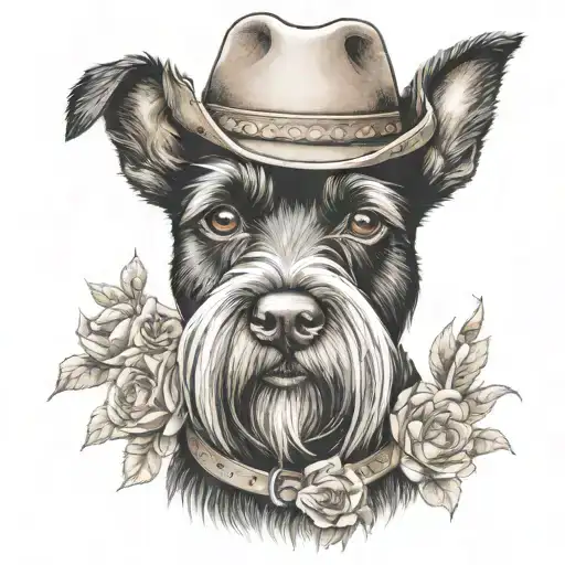 black schnauzer with cowgirl hat and brown eyes and a collar with flowers looking to the side with western background tattoo design idea
