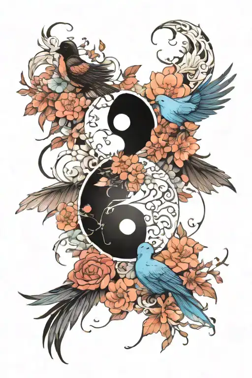 Yin Yang, birds, flower petals, spring tattoo design idea
