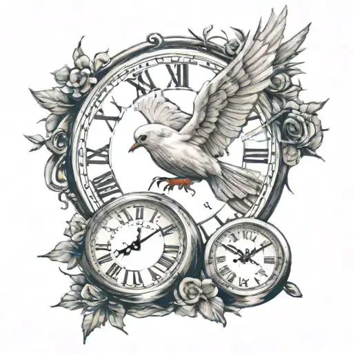 dove and broken clock with roman numbers tattoo design idea