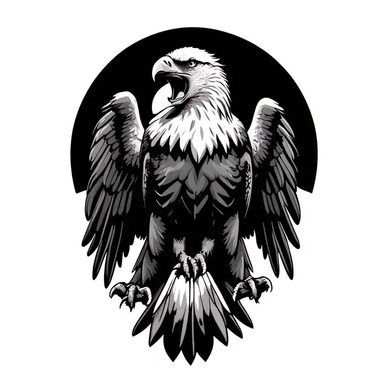 A fierce, screaming bald eagle with its wings spread wide, exuding strength and power. The eagle’s feathers are intricat tattoo design idea