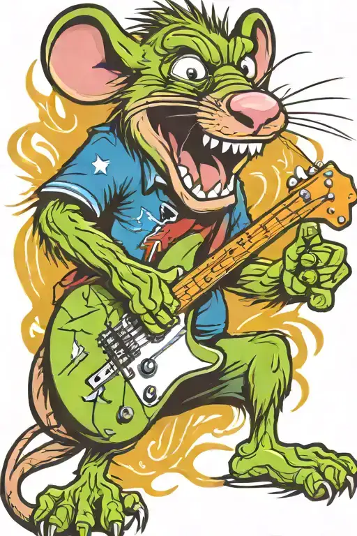 Angry Rat Fink playing pointy electric guitar tattoo design idea