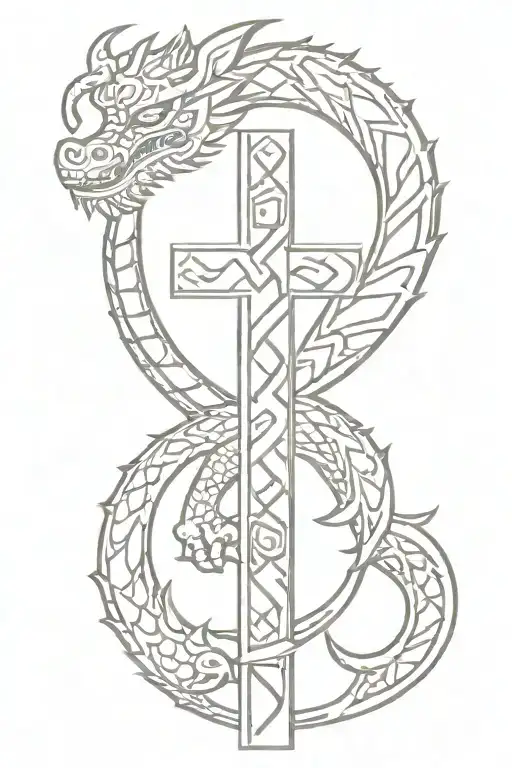 small cross with Aztec dragon wrapped tattoo design idea