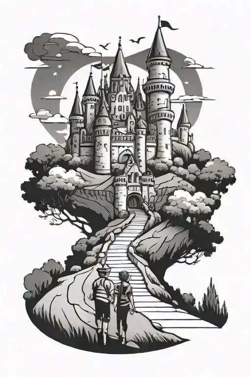 Disney Castle on a hill with a boy and girl holding hands walking towards it tattoo design idea