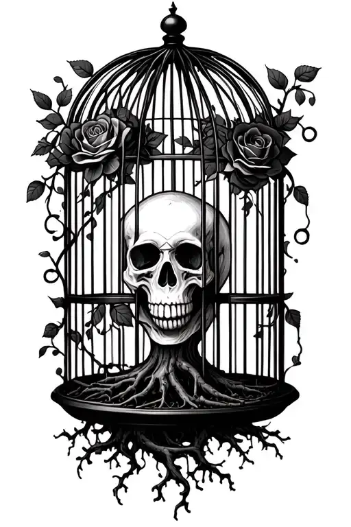 bird cage with skull vines an roses with tree roots coming out of the bottom of it tattoo design idea