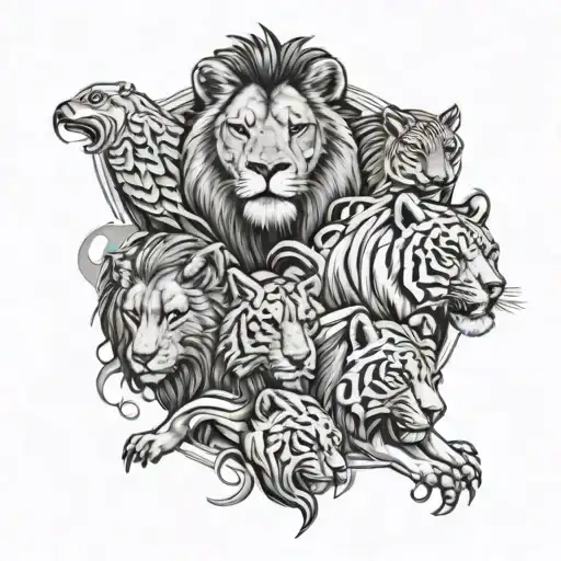 four animals, lion, wolf, eagle, tiger walking tattoo design idea