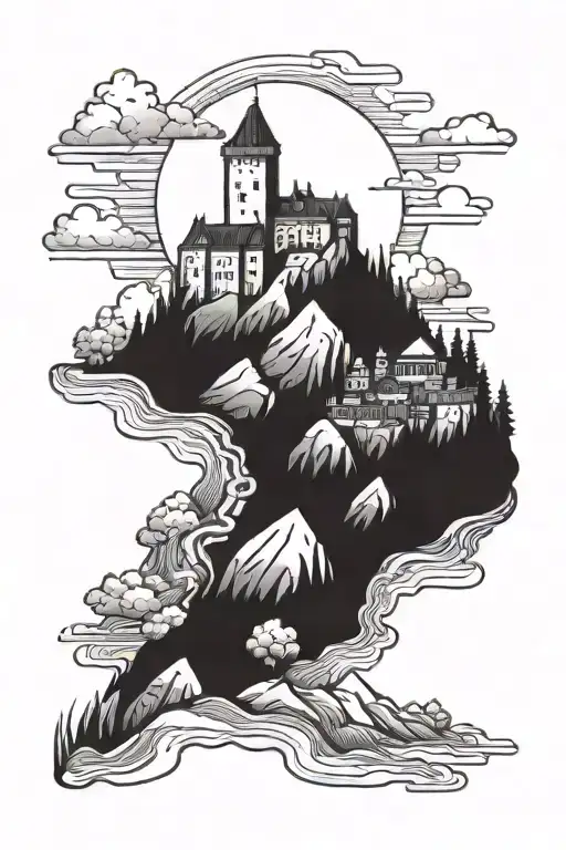 A castle at the bottom of the mountain with  cross behind it  tattoo design idea