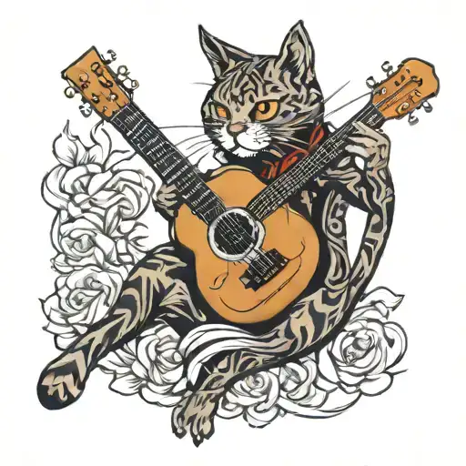 powe cat playing a guitar tattoo design idea