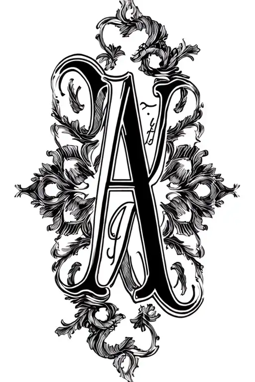 "S B J C J E C" "l XV.IX.MMXXI  A V.II.MMXXIV" A black ink forearm tattoo featuring the initials 'L' and 'A' in an elegant yet masculine font, subtly intertwined  tattoo design idea