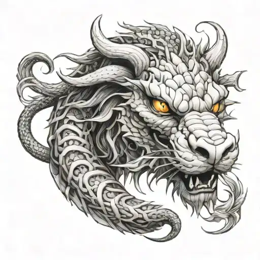 dragon coiled in shape of an O wrapped around a lion head and smiley face  tattoo design idea