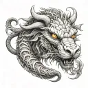 dragon coiled in shape of an O wrapped around a lion head and smiley face  tattoo design idea