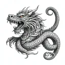 dragon coiled in shape of an O wrapped around a lion head and smiley face  tattoo design idea