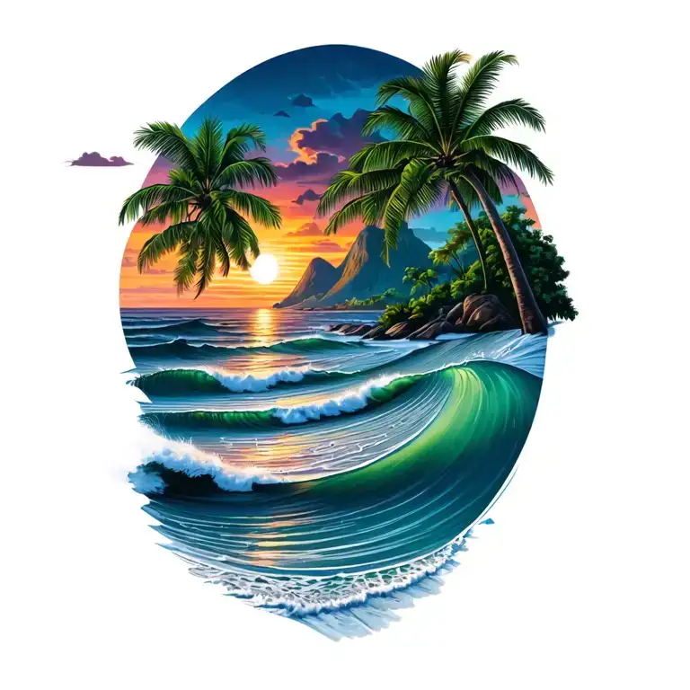 costa rica pacific sunset beach in color with waves tapering off at the bottom right of tattoo and a mountain left tattoo design idea