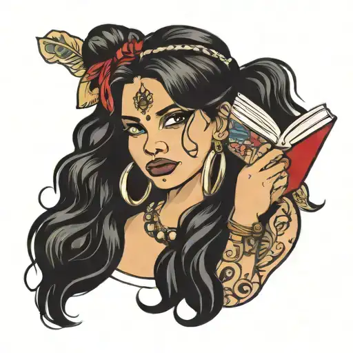 gypsey girl with black hair holding book gaged earrings tattoo design idea