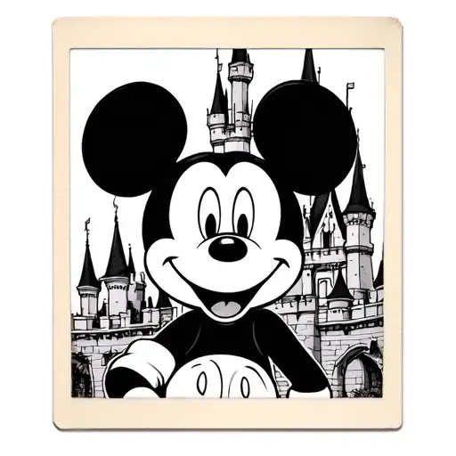 Mickey Mouse polaroid with Disney castle surrounded tattoo design idea