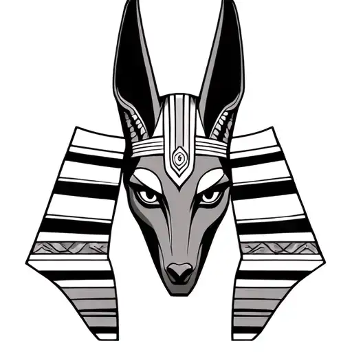 realistic forward facing Anubis head decorative lines within face white out eyes  tattoo design idea