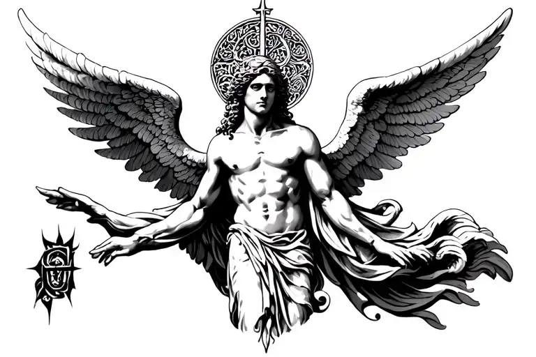 an angel in the style of the Old Testament, a cyclops and two large wings that are directed to the sides, the tattoo sty tattoo design idea