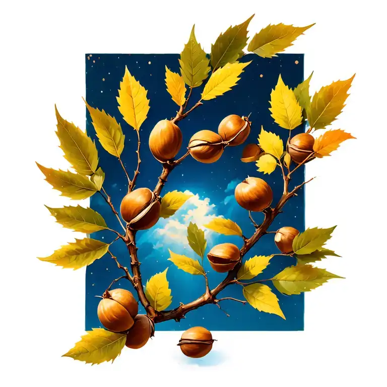 Hazel branches with some hazelnuts stretching towards the sky tattoo design idea