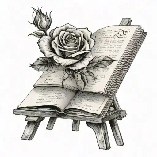 A easel painting of an open book with a single rose in black and white tattoo design idea
