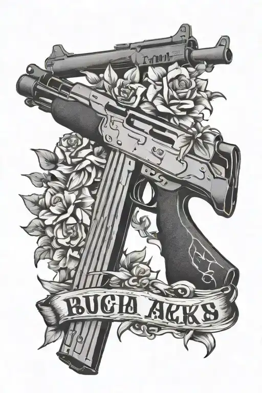 Bucks Banya holds an AK-47 with the inscription bless underneath tattoo design idea