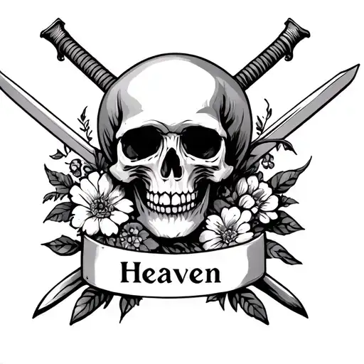 skull with two swords crossed behind it and skull surrounded by flowers. below it, a banner with the word "heaven"  tattoo design idea