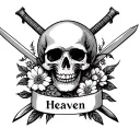 skull with two swords crossed behind it and skull surrounded by flowers. below it, a banner with the word "heaven"  tattoo design idea