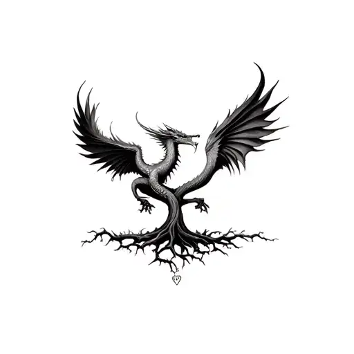 dragon and phoenix rising from the tree of life intertwined tattoo design idea