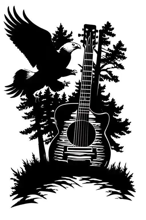 acoustic guitar silhouette of a nature scene that has a log cabin and a bald eagle  tattoo design idea