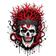 King Of Bones With A Coral Crown, Hades 2 Style, Eldritch, Tentacles, Lovecraftian, Deep Sea background, seaweeds tattoo design idea