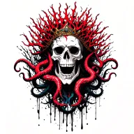 King Of Bones With A Coral Crown, Hades 2 Style, Eldritch, Tentacles, Lovecraftian, Deep Sea background, seaweeds tattoo design idea